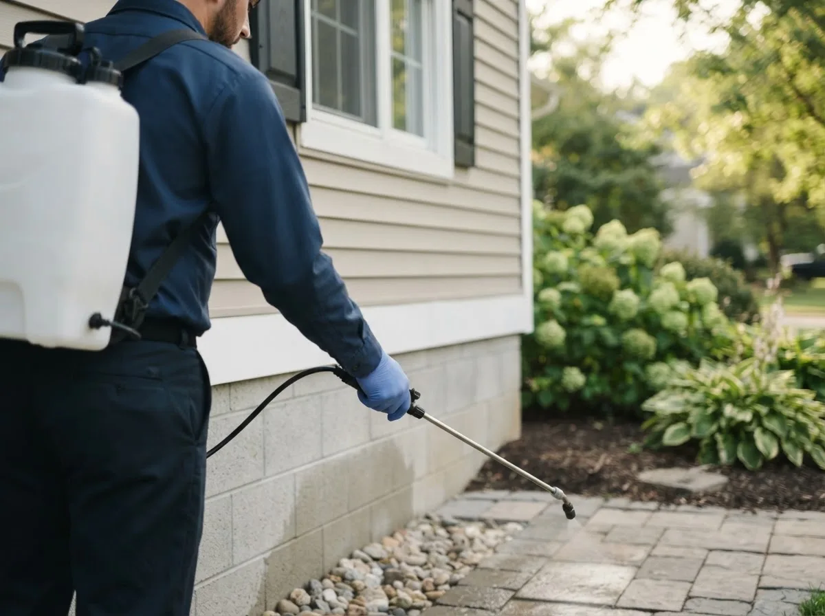 Pest control technician inspecting a home in Shepherd, TX